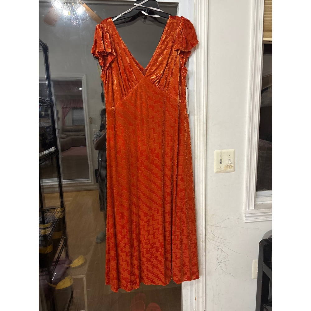 Calvin Klein Orange Burnout Velvet Flutter Sleeve Midi Dress CD5V2HLZ Size 14